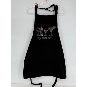 Kaufman Black Apron Rhinestone Drink My Therapy Kitchen Chef‎ Cooking Baking